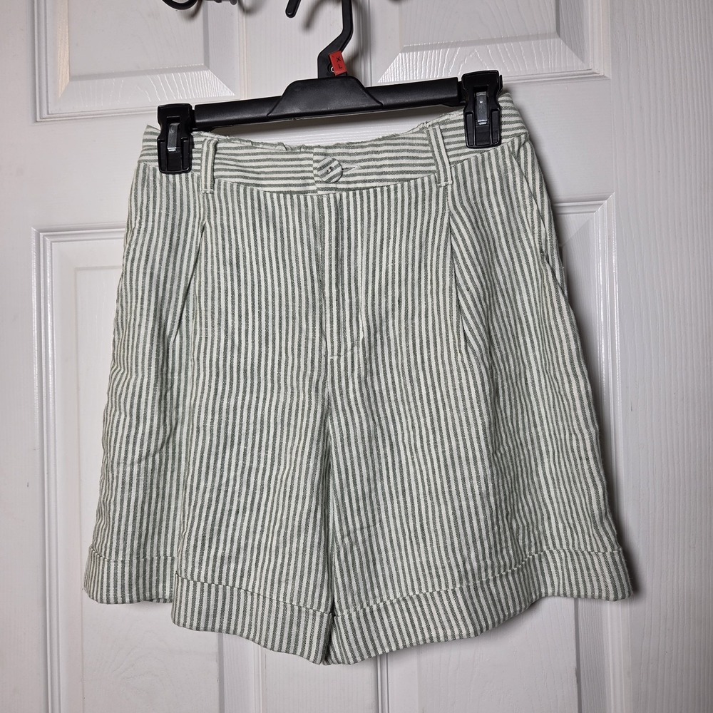 Garnet‎ Hill sz 0 100% linen striped cuffed shorts casual coastal cottage summer